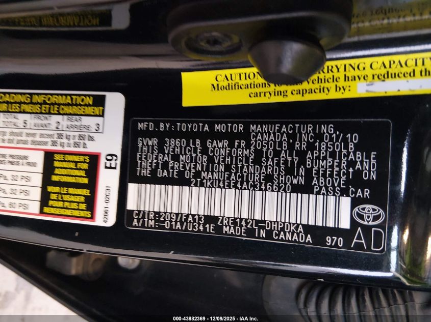 2010 Toyota Matrix VIN: 2T1KU4EE4AC346620 Lot: 43882369