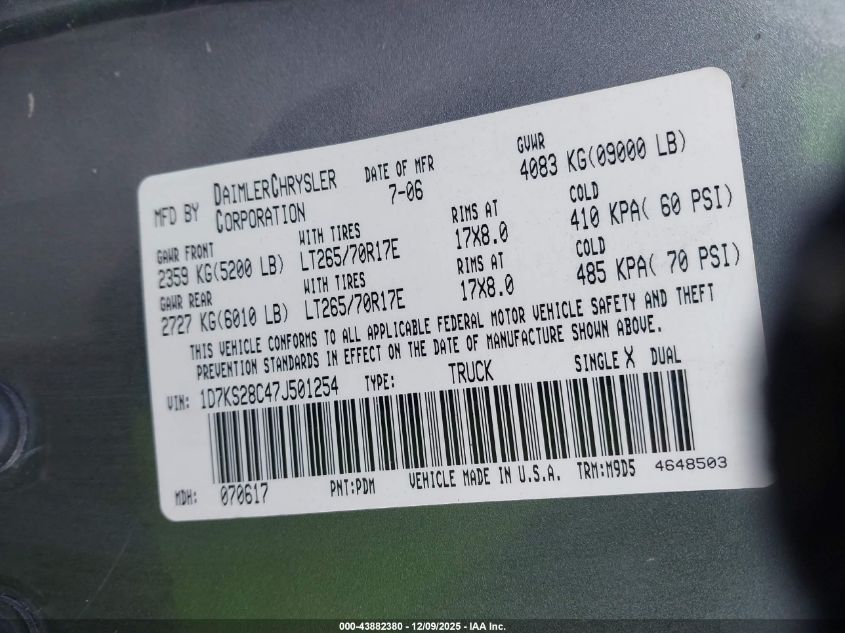 2007 Dodge Ram 2500 Slt/Trx4 Off Road/Sport/Power Wagon VIN: 1D7KS28C47J501254 Lot: 43882380