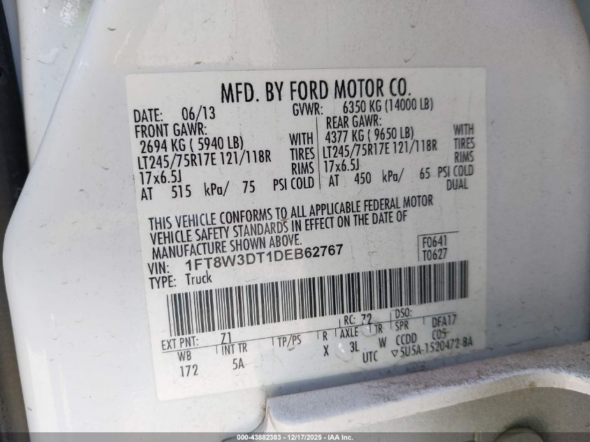 2013 Ford F-350 Lariat VIN: 1FT8W3DT1DEB62767 Lot: 43882383