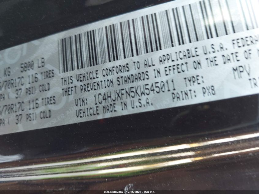 2019 Jeep Wrangler Unlimited Rubicon 4X4 VIN: 1C4HJXFN5KW545011 Lot: 43882387