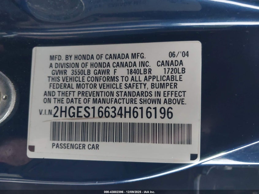 2HGES16634H616196 2004 HONDA CIVIC photo no. 9