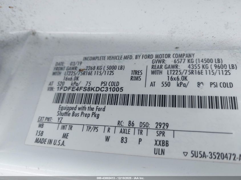 2019 Ford E-450 Cutaway VIN: 1FDFE4FS8KDC31005 Lot: 43882413