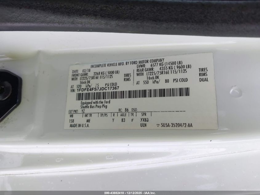 2018 Ford E-450 Cutaway VIN: 1FDFE4FS7JDC17367 Lot: 43882418