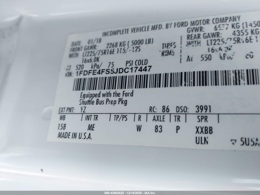 2018 Ford E-450 Cutaway VIN: 1FDFE4FS5JDC17447 Lot: 43882420