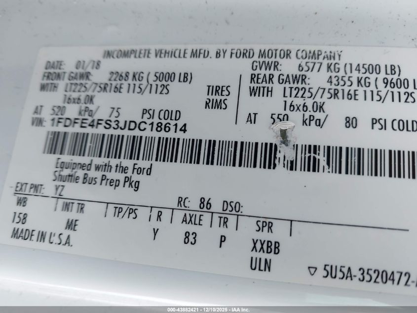 2018 Ford E-450 Cutaway VIN: 1FDFE4FS3JDC18614 Lot: 43882421