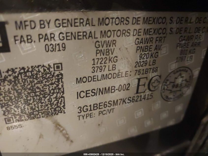 2019 Chevrolet Cruze Lt VIN: 3G1BE6SM7KS621415 Lot: 43882428