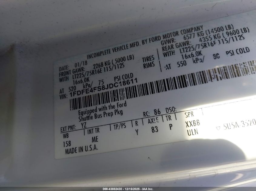 2018 Ford E-450 Cutaway VIN: 1FDFE4FS8JDC18611 Lot: 43882430