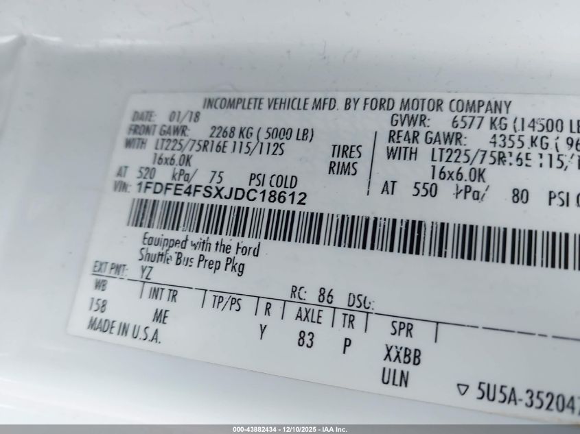 2018 Ford E-450 Cutaway VIN: 1FDFE4FSXJDC18612 Lot: 43882434