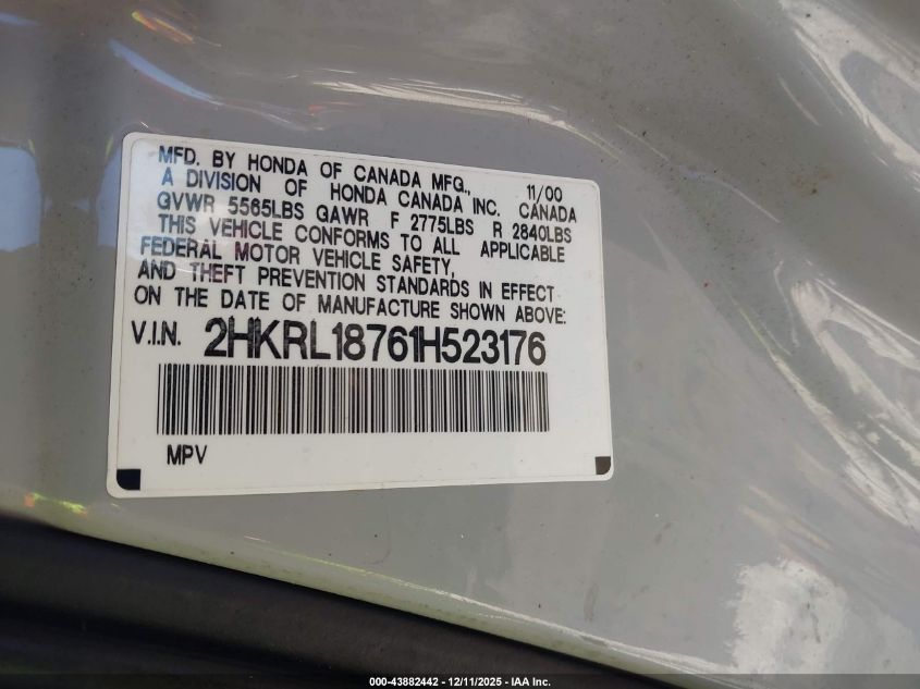 2001 Honda Odyssey Ex VIN: 2HKRL18761H523176 Lot: 43882442