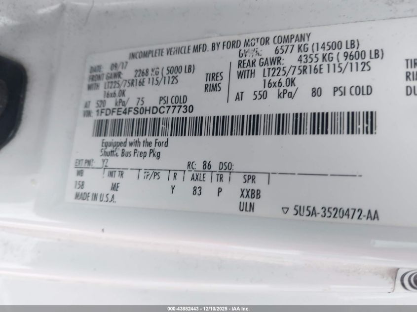 2017 Ford E-450 Cutaway VIN: 1FDFE4FS0HDC77730 Lot: 43882443