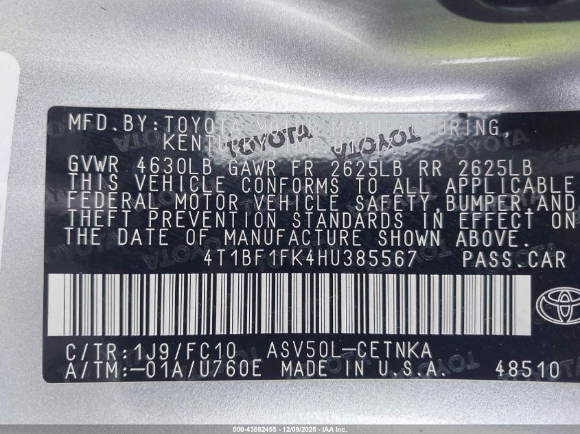 2017 Toyota Camry Le VIN: 4T1BF1FK4HU385567 Lot: 43882455