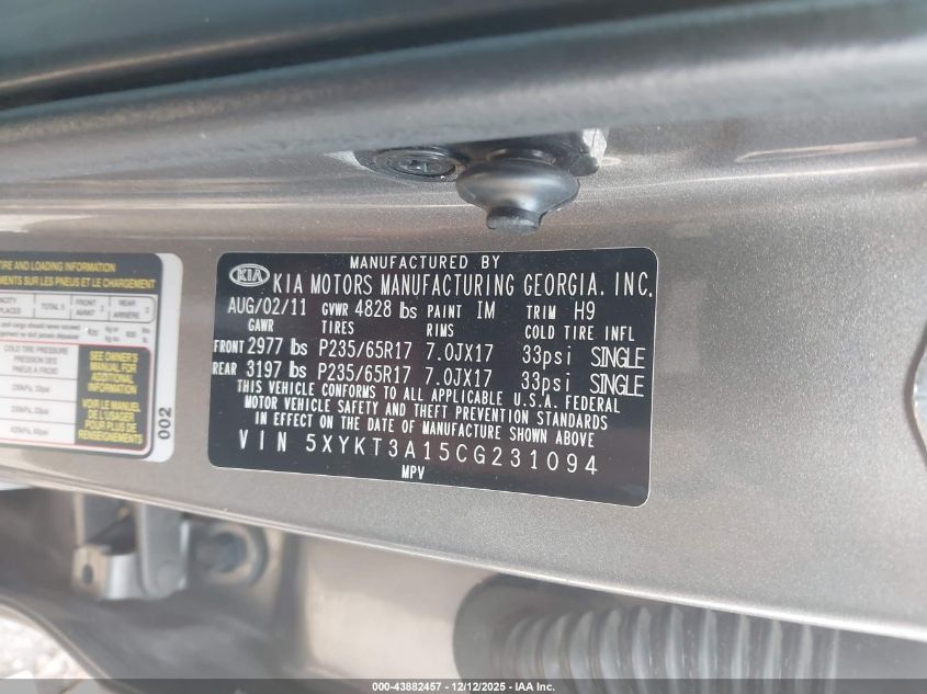 2012 Kia Sorento Lx VIN: 5XYKT3A15CG231094 Lot: 43882457