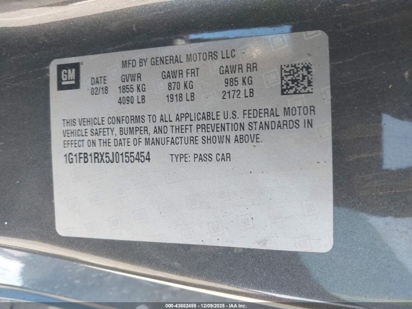2018 Chevrolet Camaro 1Lt VIN: 1G1FB1RX5J0155454 Lot: 43882458