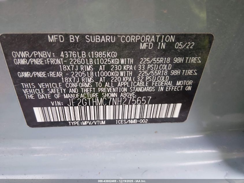 2022 Subaru Crosstrek Limited VIN: JF2GTHMC7NH275657 Lot: 43882469
