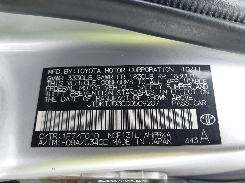 2012 Toyota Yaris Le VIN: JTDKTUD30CD509207 Lot: 43882475