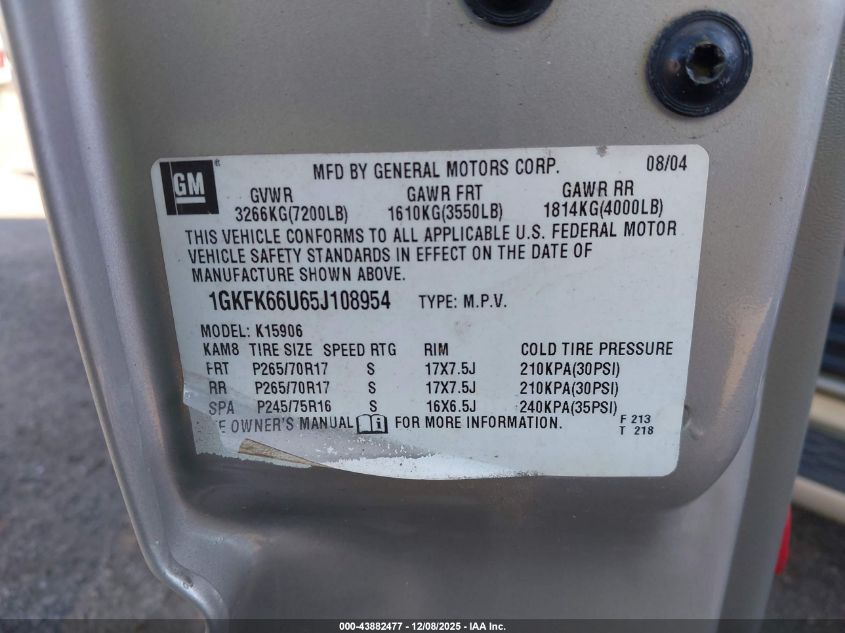 2005 GMC Yukon Xl 1500 Denali VIN: 1GKFK66U65J108954 Lot: 43882477