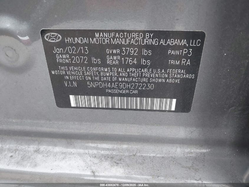 2013 Hyundai Elantra Gls VIN: 5NPDH4AE9DH272230 Lot: 43882478