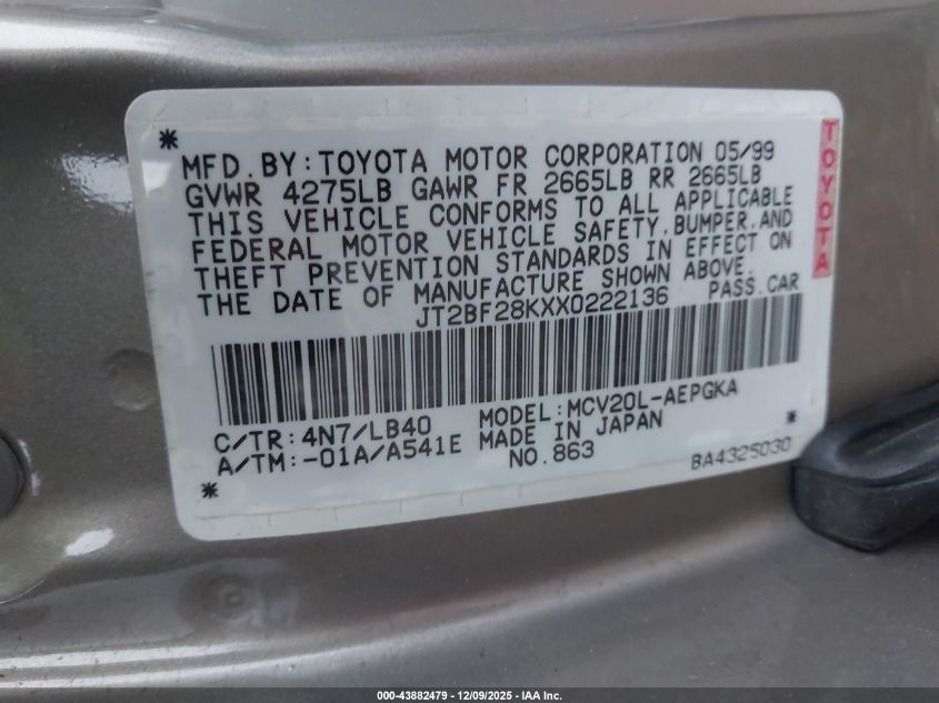 1999 Toyota Camry Xle V6 VIN: JT2BF28KXX0222136 Lot: 43882479