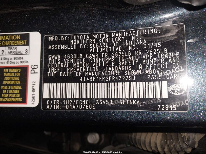 2015 Toyota Camry Le VIN: 4T4BF1FK2FR472290 Lot: 43882488