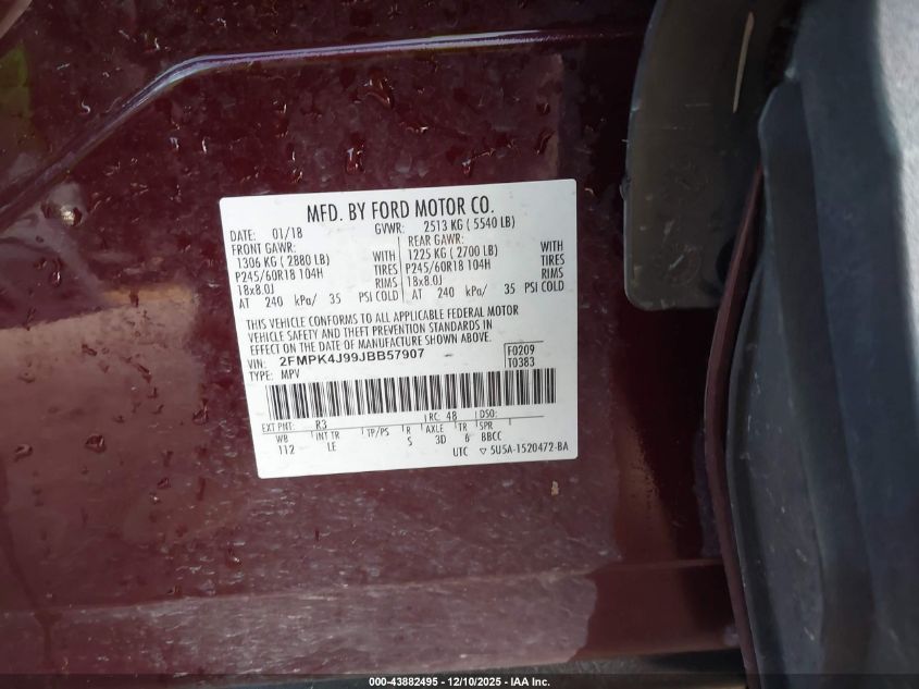 2018 Ford Edge Sel VIN: 2FMPK4J99JBB57907 Lot: 43882495
