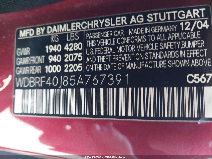 2005 Mercedes-Benz C 230 Kompressor Sport VIN: WDBRF40J85A767391 Lot: 43882507