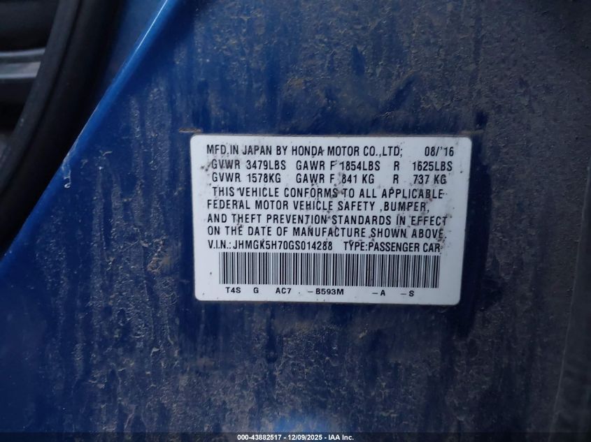 2016 Honda Fit Ex VIN: JHMGK5H70GS014288 Lot: 43882517