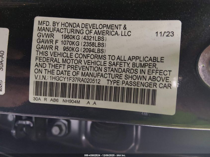 2024 Honda Accord Ex VIN: 1HGCY1F37RA020512 Lot: 43882524