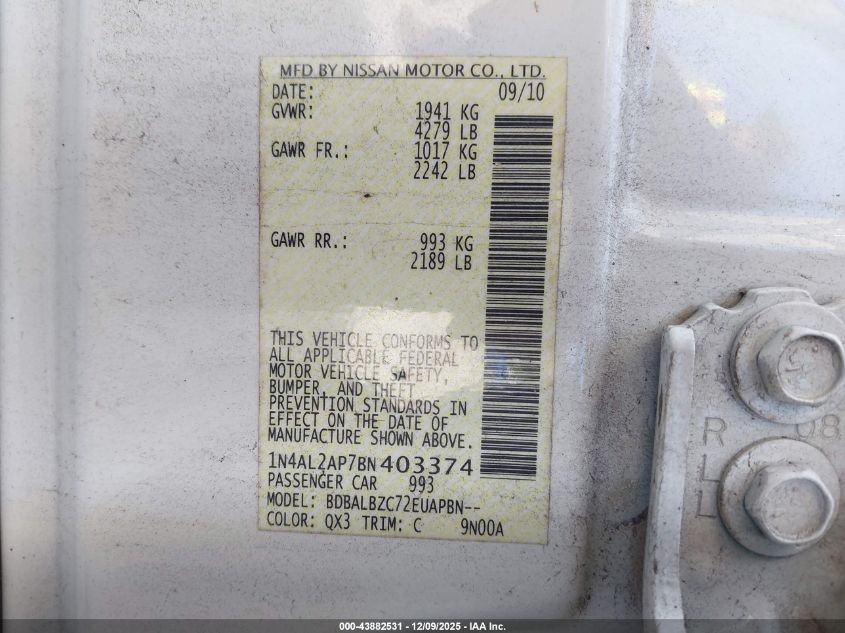 2011 Nissan Altima 2.5 S VIN: 1N4AL2AP7BN403374 Lot: 43882531