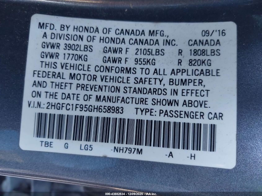 2016 Honda Civic Touring VIN: 2HGFC1F95GH658983 Lot: 43882534