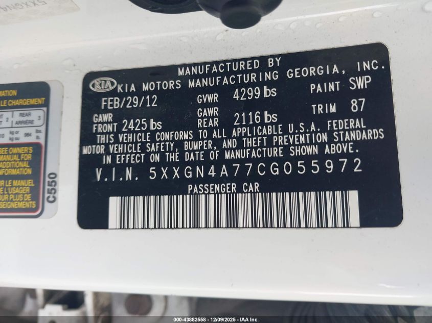 2012 Kia Optima Ex VIN: 5XXGN4A77CG055972 Lot: 43882558