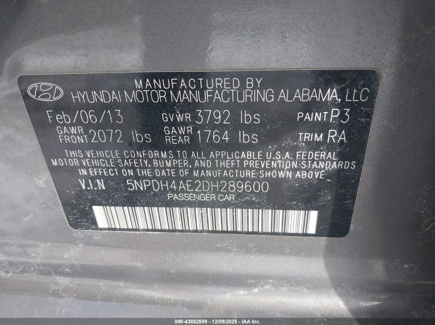 2013 Hyundai Elantra Gls VIN: 5NPDH4AE2DH289600 Lot: 43882559