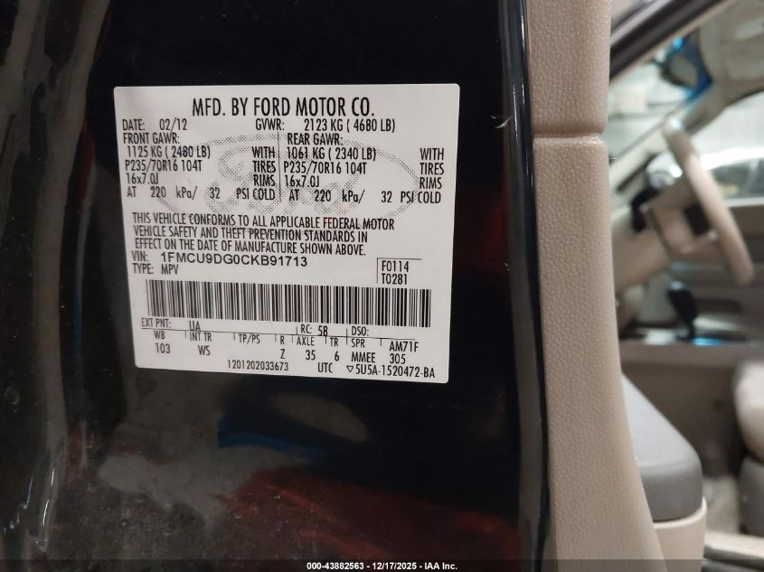 2012 Ford Escape Xlt VIN: 1FMCU9DG0CKB91713 Lot: 43882563