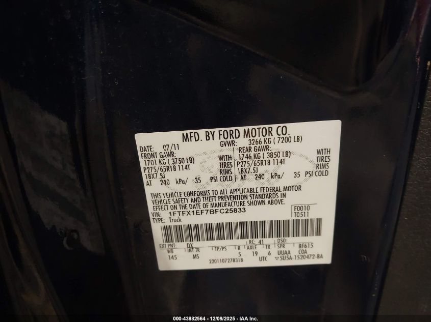 2011 Ford F-150 Xlt VIN: 1FTFX1EF7BFC25833 Lot: 43882564