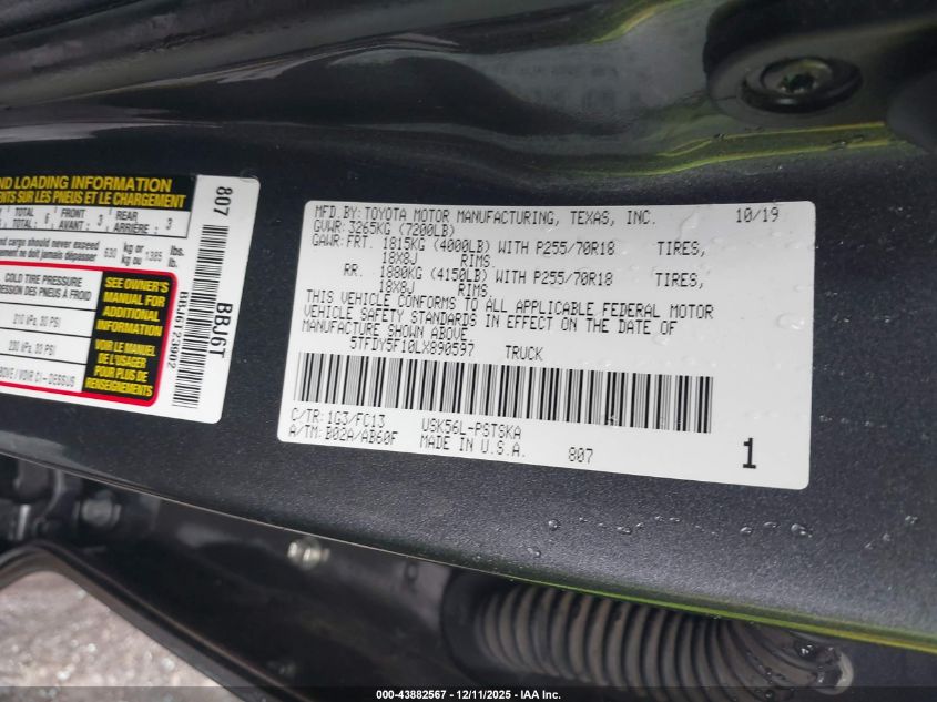 2020 Toyota Tundra Sr5 VIN: 5TFDY5F10LX890597 Lot: 43882567