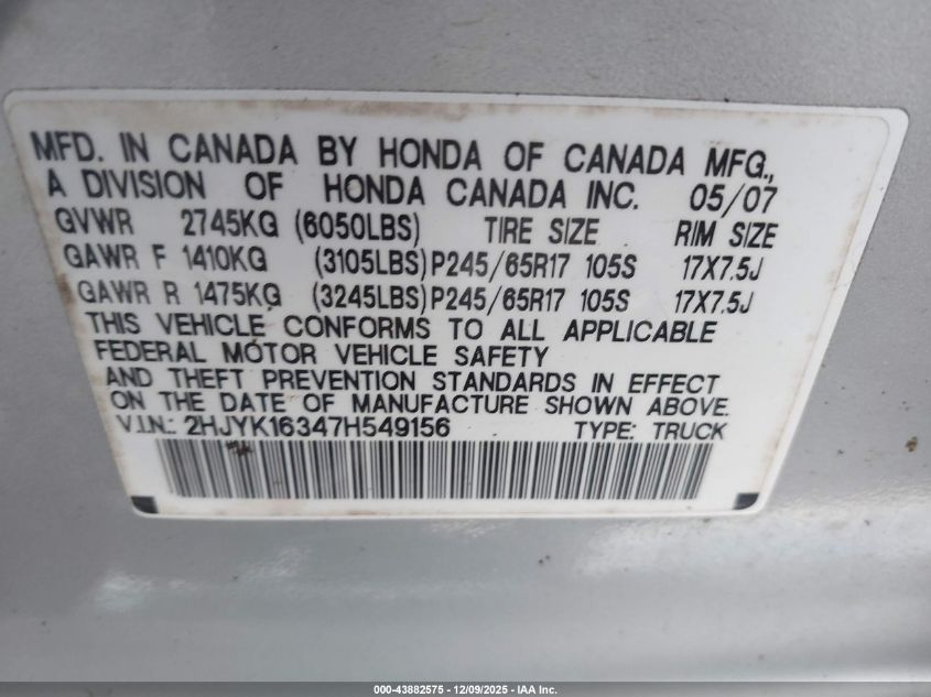 2007 Honda Ridgeline Rtx VIN: 2HJYK163478549156 Lot: 43882575