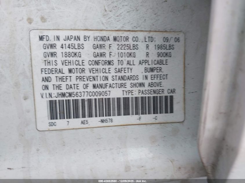 2007 Honda Accord 2.4 Se VIN: JHMCM56377C009057 Lot: 43882580