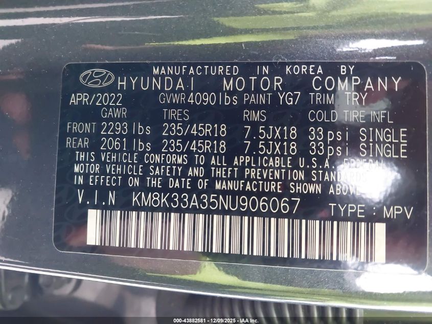 2022 Hyundai Kona N Line VIN: KM8K33A35NU906067 Lot: 43882581