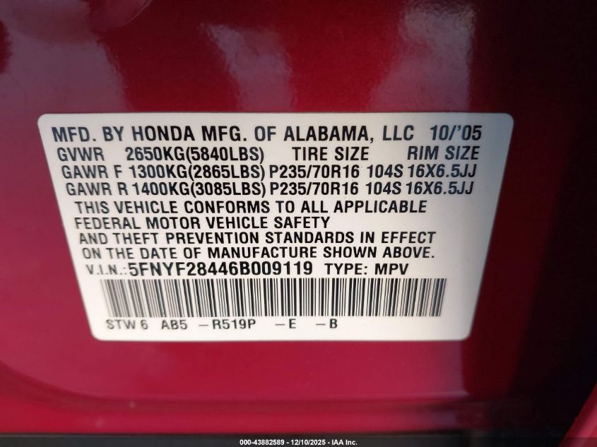 2006 Honda Pilot Ex VIN: 5FNYF28446B009119 Lot: 43882589