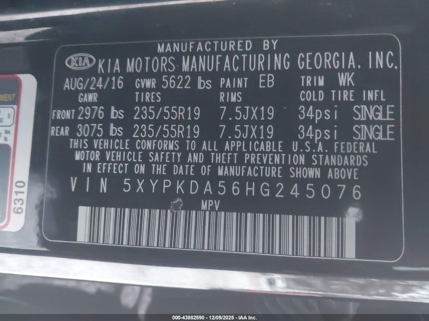 2017 Kia Sorento 3.3L Sxl VIN: 5XYPKDA56HG245076 Lot: 43882590