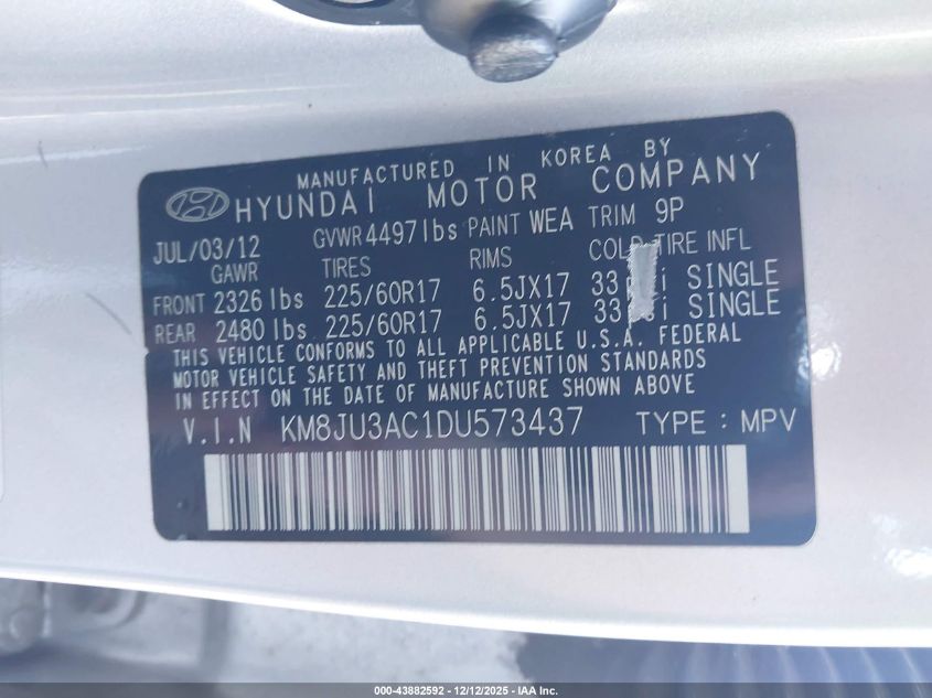 2013 Hyundai Tucson Gls VIN: KM8JU3AC1DU573437 Lot: 43882592