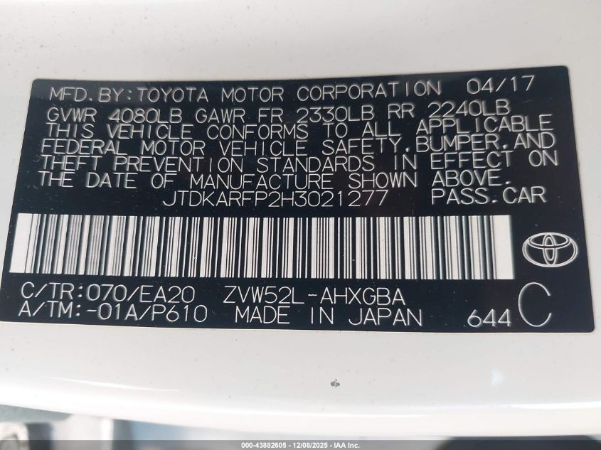 2017 Toyota Prius Prime Premium VIN: JTDKARFP2H3021277 Lot: 43882605