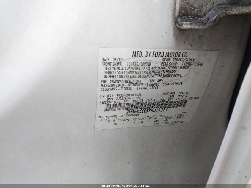 2011 Ford Flex Sel VIN: 2FMGK5CC8BBD11314 Lot: 43882616