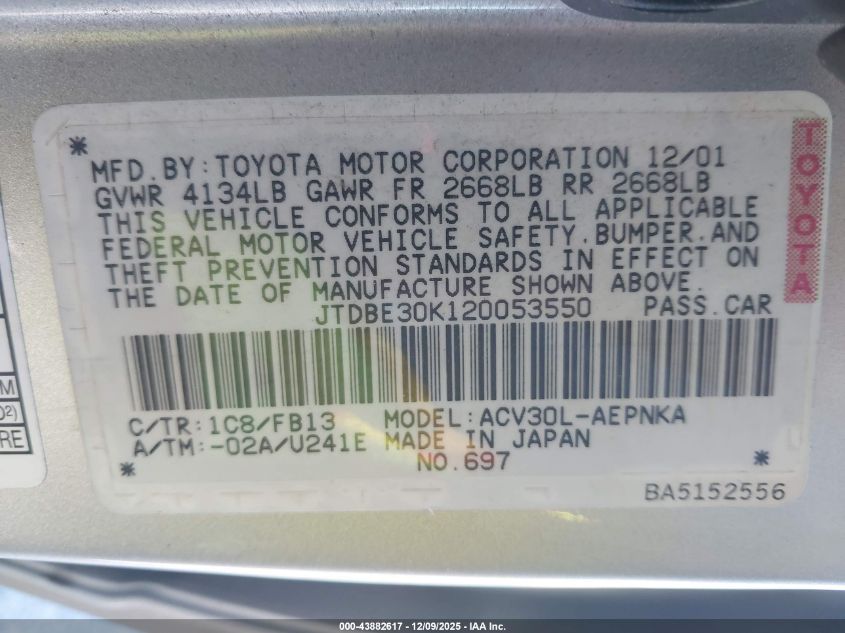 2002 Toyota Camry Le VIN: JTDBE30K120053550 Lot: 43882617