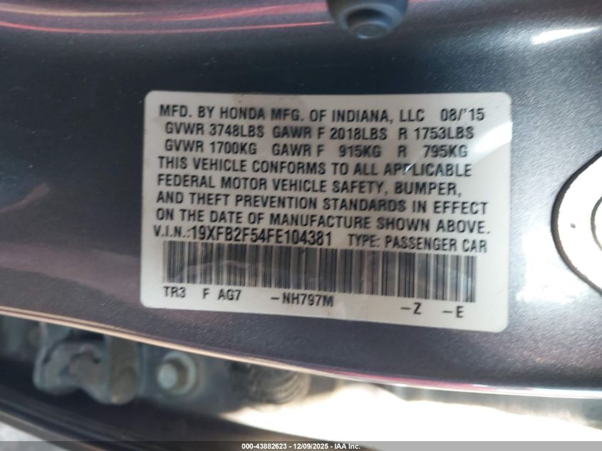 2015 Honda Civic Lx VIN: 19XFB2F54FE104381 Lot: 43882623