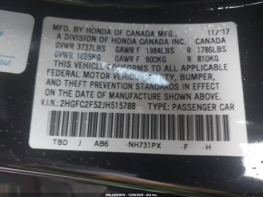 2018 Honda Civic Lx VIN: 2HGFC2F52JH515788 Lot: 43882630