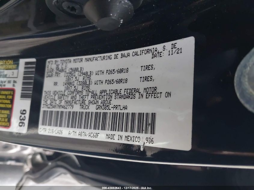 2022 Toyota Tacoma Limited VIN: 3TMGZ5AN7NM462779 Lot: 43882643