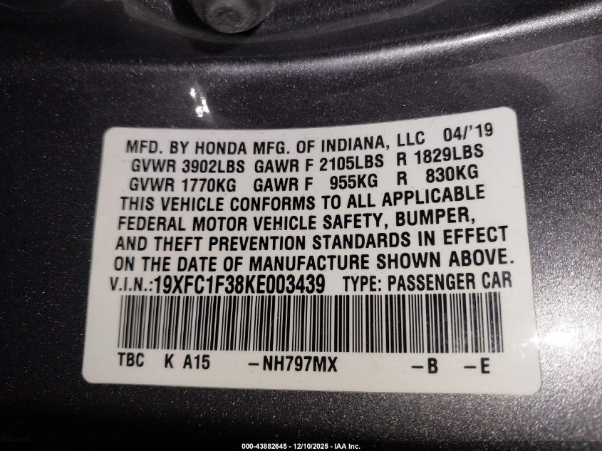 2019 Honda Civic Ex VIN: 19XFC1F38KE003439 Lot: 43882645