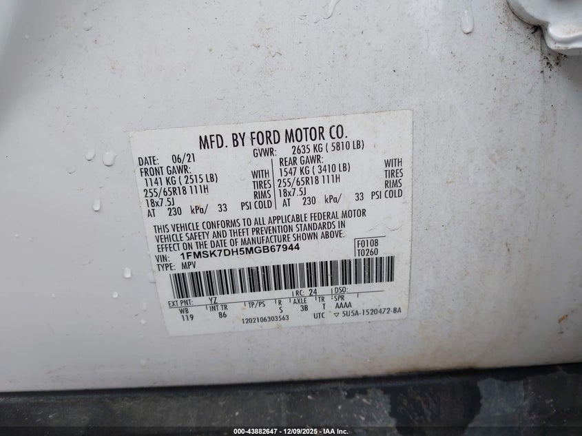 1FMSK7DH5MGB67944 2021 FORD EXPLORER photo no. 9