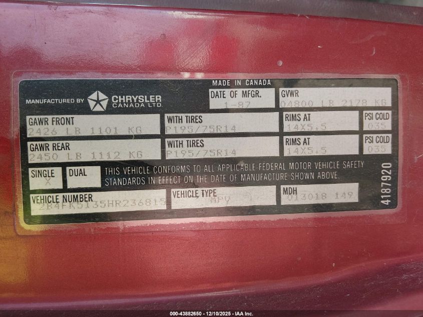 1987 Dodge Caravan Le VIN: 2B4FK5135HR236815 Lot: 43882650