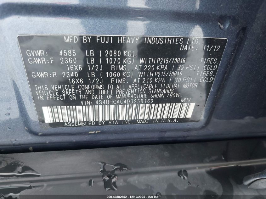 2013 Subaru Outback 2.5I VIN: 4S4BRCAC4D3258160 Lot: 43882652